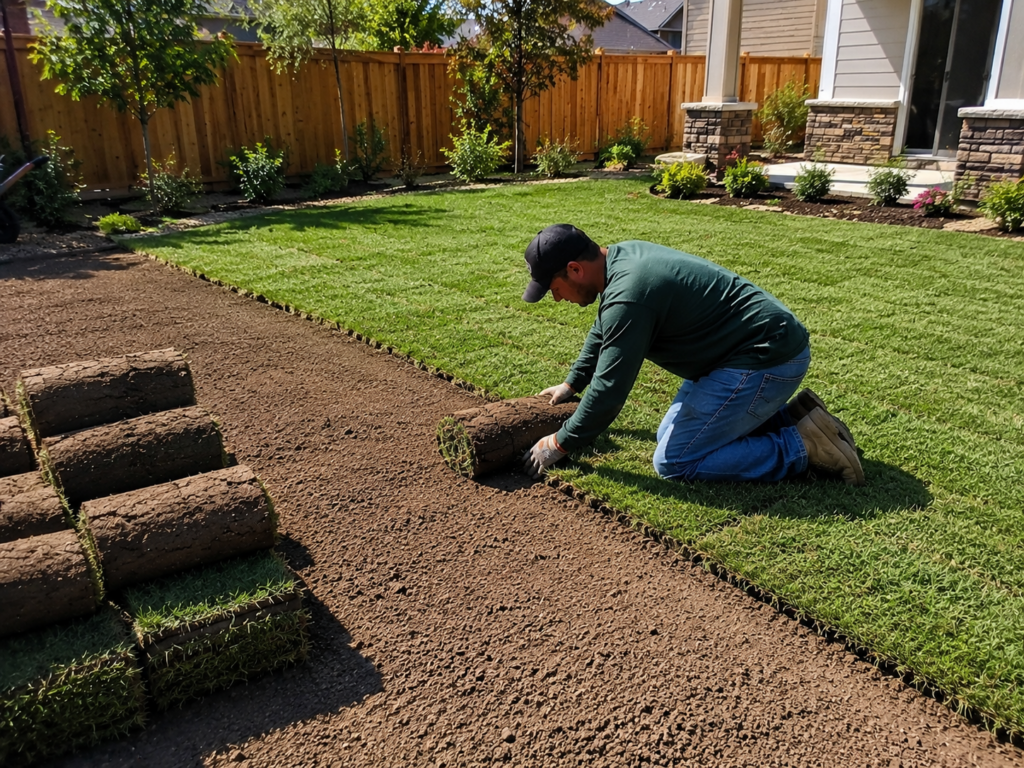 Landscaping contractor installing fresh sod in a residential backyard for a new lawn in Utah
