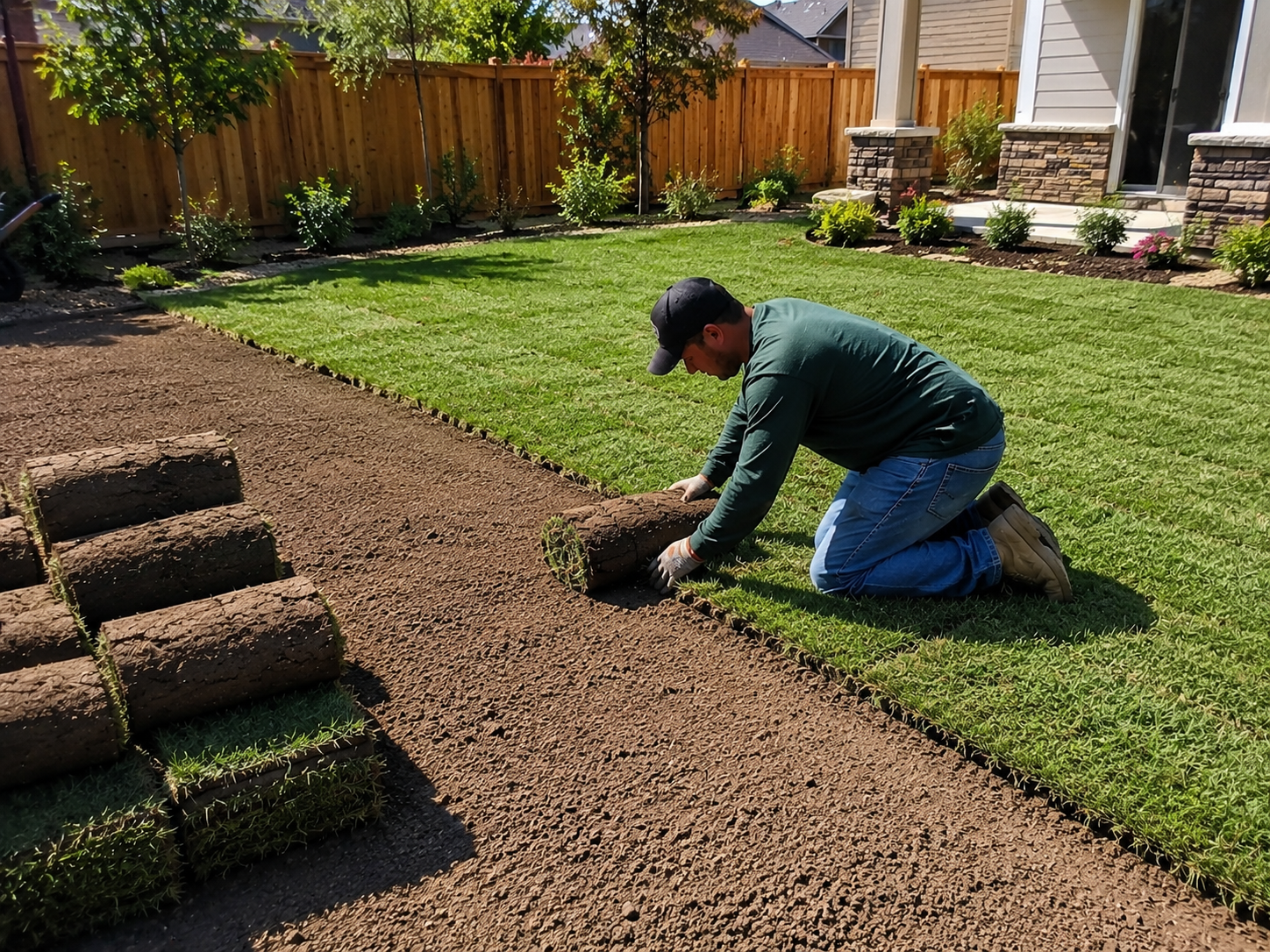 Landscaping contractor installing fresh sod in a residential backyard for a new lawn in Utah
